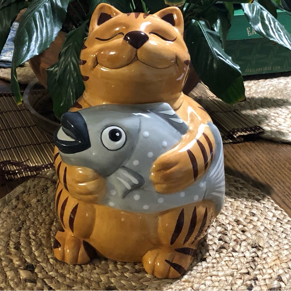 Ceramic Cat with Fish Figurine